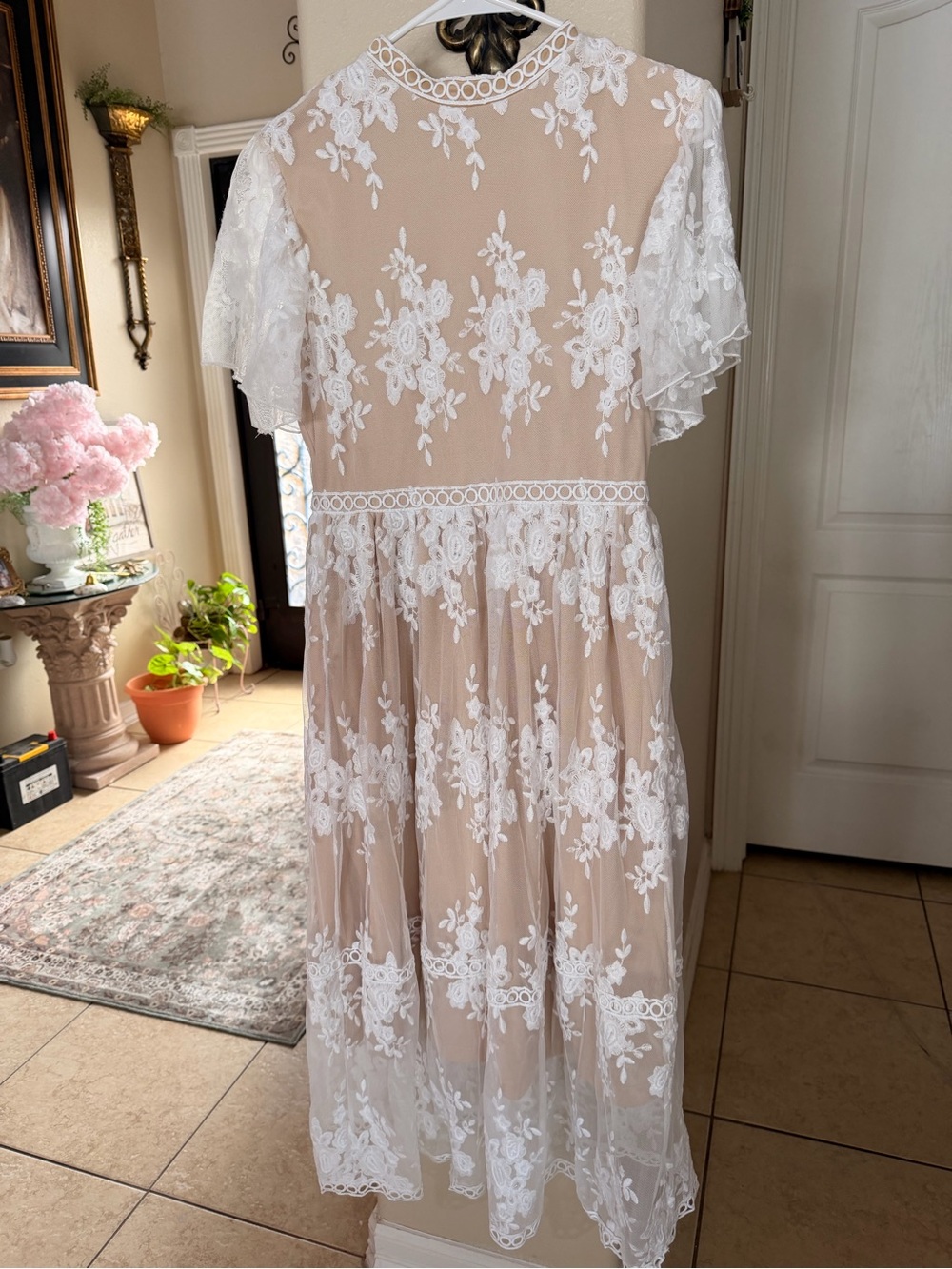 Sheer Floral Lace Midi Dress in Nude and White